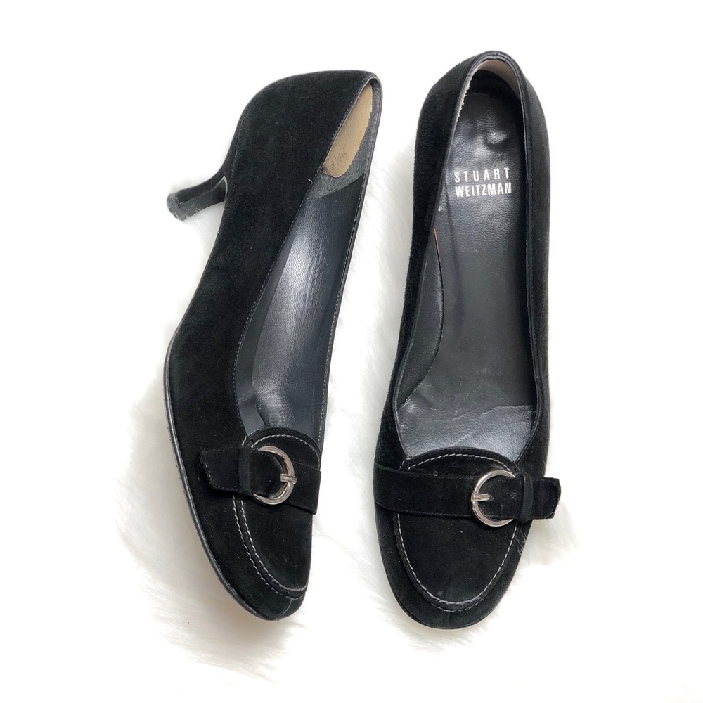 Stuart Weitzman | Black Suede Buckle Kitten Heels